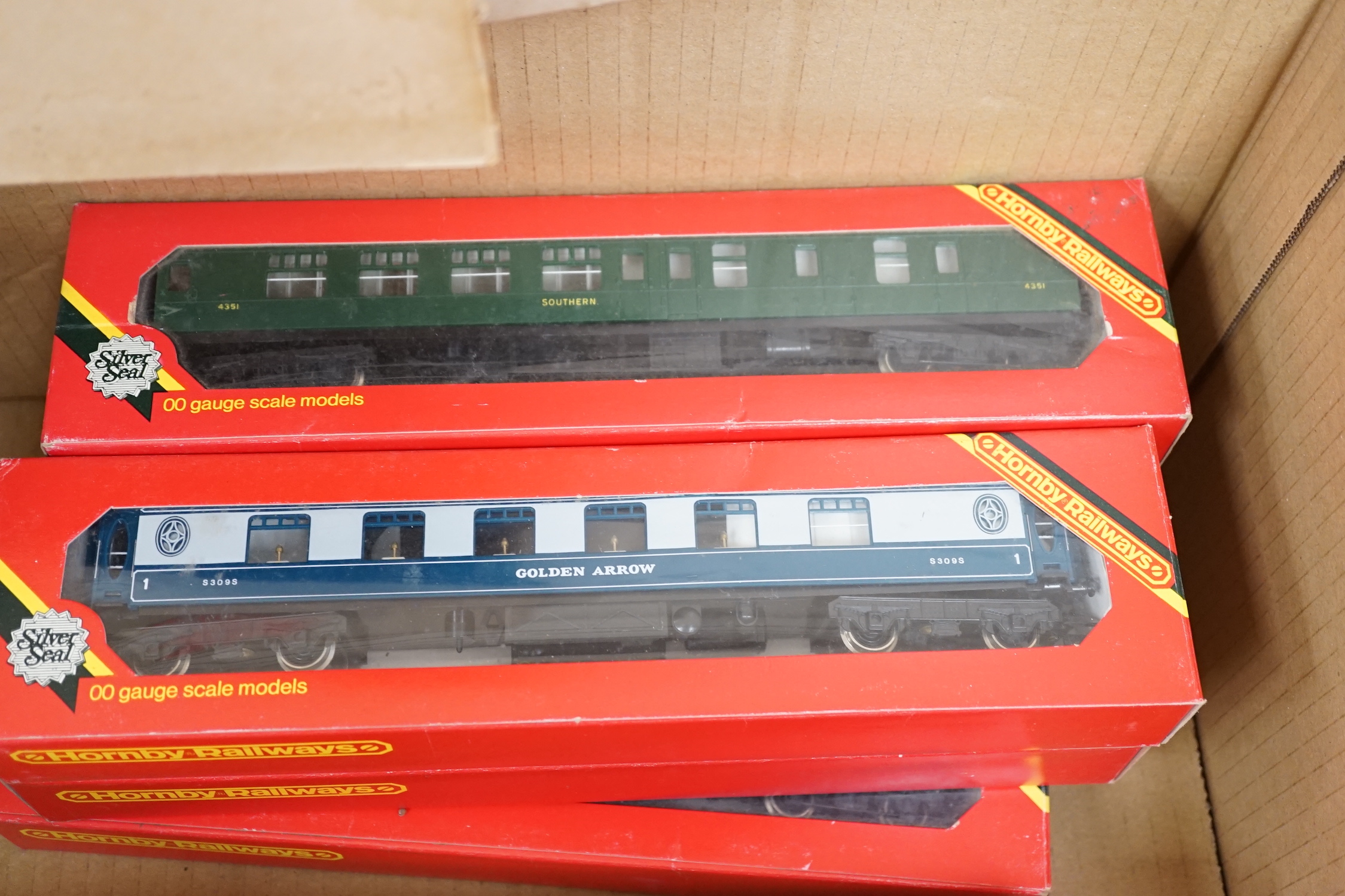 Fifteen boxed Hornby Railways 00 gauge items, including two locomotives; an LMS Class 5 (R842), and a BR Britannia Class (R063), together with thirteen bogie coaches; Pullman, LMS, SR, etc.